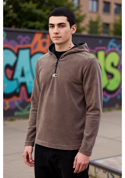 Benerly Erkek Kapüşonlu Standart Kol Polar Fermuarlı Sweatshirt Fonksiyon Bej