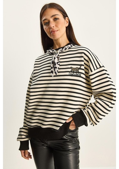 Shade Kadın Fular Detaylı Leopar Nakışlı Çizgili Üç İplik Şardonlu Oversize Sweatshirt 6973 60283818 - Ekru-siyah Çok Renkli Shade Kadın Fular Detaylı Leopar Nakışlı Çizgili Üç İplik Şardonlu Oversize Sweatshirt 6973 60283818 - Ekru-siyah Çok Renkli