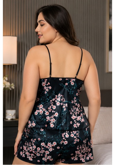 Loule Büyük Beden Lacivert Çiçekli Siyah Dantel Şortlu Pijama Çok Renkli Loule Büyük Beden Lacivert Çiçekli Siyah Dantel Şortlu Pijama Çok Renkli