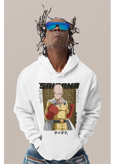 Sevbano Saitama One Punch Man Baskılı Unisex Oversize Anime Karakter Hood beyaz