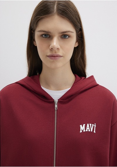 Mavi - Mavi Logo Baskılı Kapüşonlu Fermuarlı Bordo Sweatshirt 1s10178-85493 Bordo