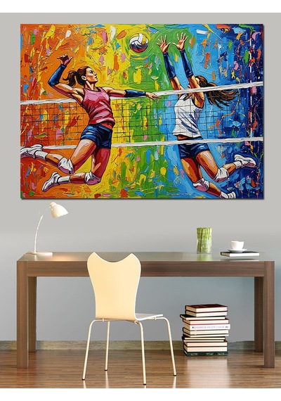 Kadınlar Voleybol Maçı Smaç Ve Blok Dekoratif Kanvas - Mdf Ahşap Tablo
