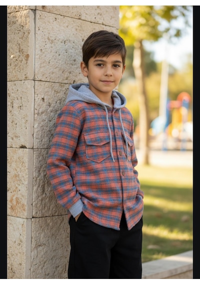 Gala Kolu Lastkli Kapüşonlu Çizgili Unisex Çocuk Gömlek Turuncu