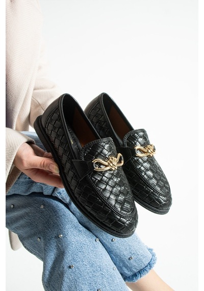 Lebibe Shoes Maby Kadın Siyah Örgü Dokulu Zincir Detaylı Loafer Düz Ayakkabı Babet