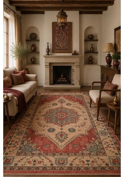 Salon Halısı Pudra Somon Medalyon Desenli Kaymaz Taban Th-3027-1 Pudra - Somon