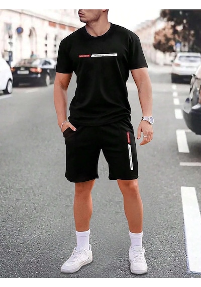 Unisex Oversize New York Baskılı Siyah Bisiklet Yaka T-shirt Şort Siyah