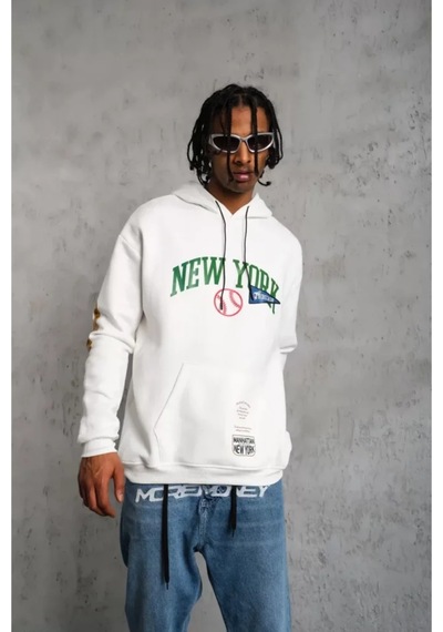 Butik İstanbul Erkek Baskılı Kapüşonlu Sweatshirt - Beyaz