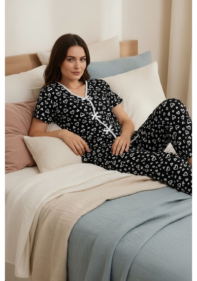 Angbutik Kadın Siyah Desenli Fiyonklu Kısa Kollu Uzun Pijama Takımı