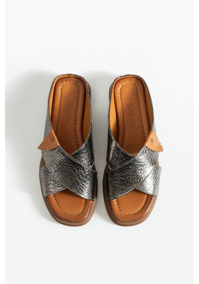 Dabab Shoes Narel Kadın Antrasit Hakiki Deri Düz Taban Çapraz Bant Terlik Sandalet Metalik