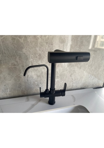 Mutfak Eviye Bataryası Dual Flow Arıtma Çıkışlı Duş Şelale 3 Fonksiyon Mat Siyah