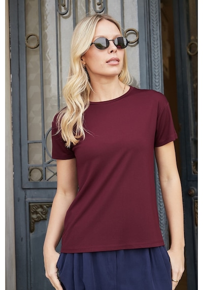 Jument Kadın Sıfır Yaka Kırışmaz Span Karışımlı Şık Kısa Kol Likralı T-shirt Bluz-bordo