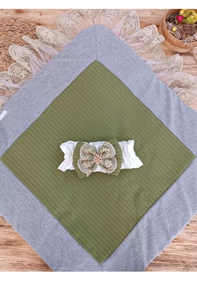 Yenidoğan Teri Cotton Taç Nakışlı Prizma Taş Kundak Bebek Battaniyesi Yeşil Çok Renkli