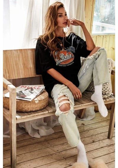 Blackjack Giyim Blackjackgiyim Siyah Oversize Aloha Baskılı Tshirt Siyah