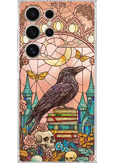 Printify Samsung Galaxy S25 Ultra İle Uyumlu Vitray Bilge Kuzgun Tasarımlı Şeffaf Silikon Kılıf Şeffaf