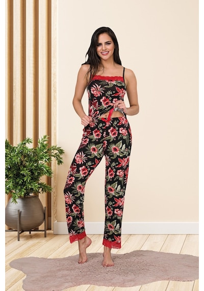 Myben Kadın Çiçek Desenli Pamuklu Likralı Siyah Askılı Dantel Detaylı Pijama Takımı 28454 Siyah