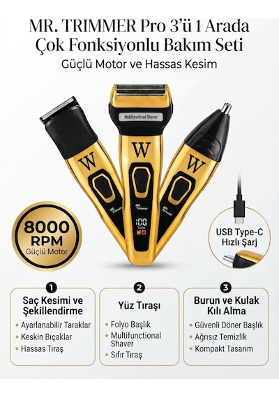 3ü1 Arada Şarjlı Kişisel Bakım Seti 8000 Rpm, Led Gösterge Saç, Sakal, Burun Ve Kulak Tıraş Makinesi