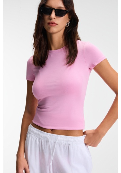 Ethıquet TARELIA Kadın Bisiklet Yaka Kısa Kollu Slim Pembe T-Shirt
