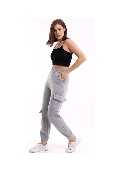 Winmoda34 Kadın Jogger Kalın 3 İplik Yandan Cepli Kargo Eşofman Altı Kar-gri