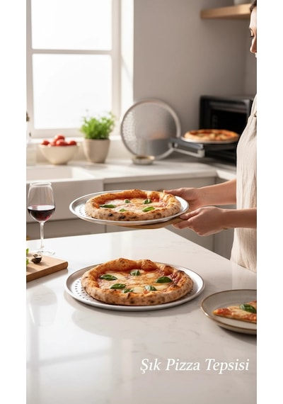 Paslanmaz Çelik Delikli Pizza Fırın Tepsisi Lahmacun Fırın Tepsisi 3'lü Set 28 32 36 Cm Gri