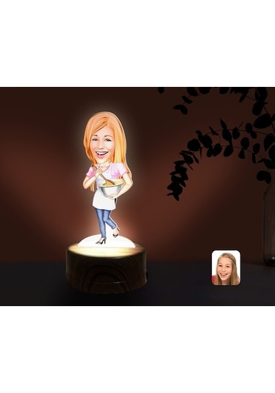 Kişiye Özel Kadın Chef Karikatürlü Dekoratif 3D Biblo Led Işıklı (481495961)