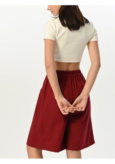 Zekids Kız Çocuk Fitilli Crop Kapri Şort T-shirt Tasarım Takım-15524 Bordo