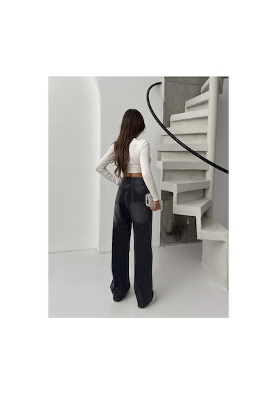 Bluemarlin Siyah İşlemli Yüksek Bel Straight Denim Pantolon Siyah İşlemli