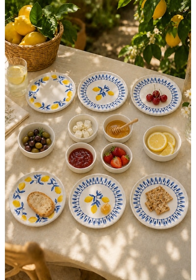 Mavi Limon 12 Parça 6 Kişilik Handmade Stackable Seramik Tabak Seti Premium Sunum & Kahvaltı Takımı Beyaz