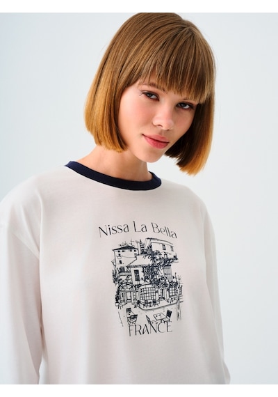 Oversize Kadın Tshirt U.kol Off Whıte Blue Oversize Kadın Tshirt U.kol Off Whıte Blue