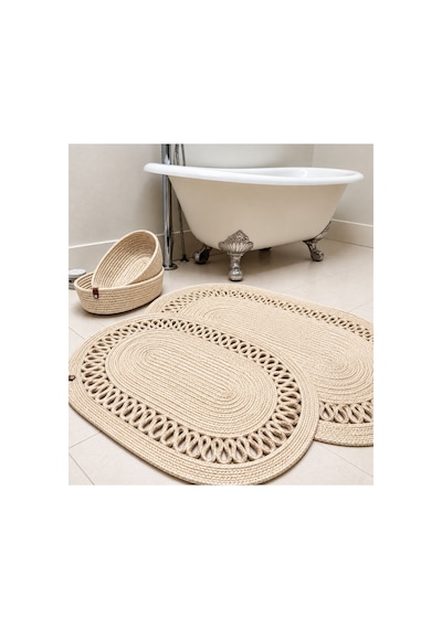 Oval Örgü Banyo Paspası Hasır Görünümlü Dekoratif Kaymaz Banyo Paspası 2 Adet Dekoratif Kutu Hediye Krem Krem