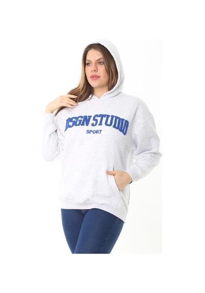 Şans Kadın Büyük Beden Gri İçi Şardonlu 3 İplik Nakış Detaylı Kapşonlu Sweatshirt 65n37126-gri Gri