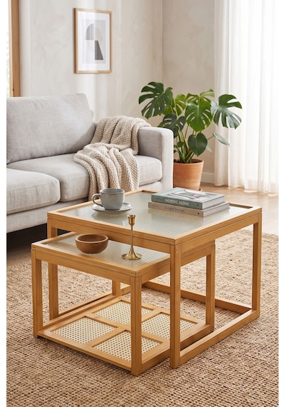 Robin Home Modern Doğal Bambu 2'li Kare Orta Sehpa Seti Temperli Camlı Ve Yapay Rattan Alt Raflı Zigon Bej Robin Home Modern Doğal Bambu 2'li Kare Orta Sehpa Seti Temperli Camlı Ve Yapay Rattan Alt Raflı Zigon Bej