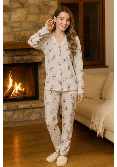 Remsa Kadın Tavşan Desen Suprem Düğmeli Pijama Takımı 0371 Vizon03 Vizon03