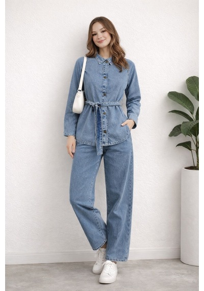Hiramir Kadın Modern Kesim Kuşaklı Denim Takım Yz2601 Mavi