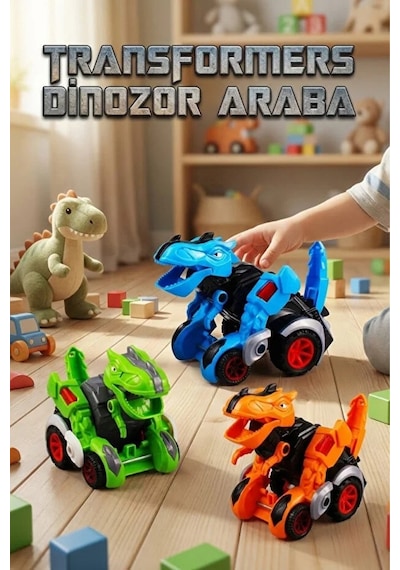 Dönüşen Dinozor Araba Robot Oyuncak 2'si 1 Arada T-rex Figürlü Yarış Arabası Çok Renkli