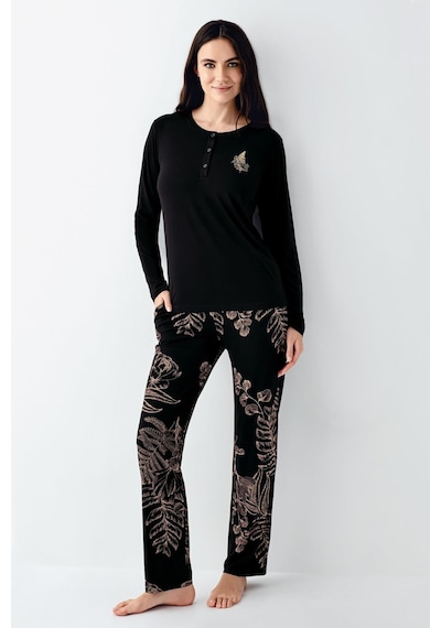 Arnetta Kadın Büyük Beden Modal Pamuklu 4 Mevsimlik Desenli Uzun Kollu Pijama Takım Siyah