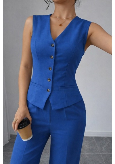 Butik İstanbul Kadın Askılı Önden Düğmeli Bluz Ve Pantolon Keten Ikili Takım Mavi Butik İstanbul Kadın Askılı Önden Düğmeli Bluz Ve Pantolon Keten Ikili Takım Mavi
