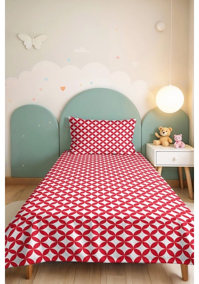 Kırmızı Geometrik Modern Pike Takımı-beyaz Retro Çember Motifli Tek Kişilik Yatak Örtüsü 160x220 Cm Bohem Bozkır Kırığı