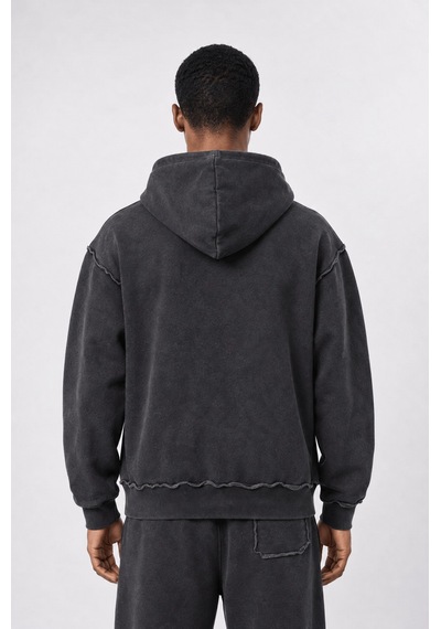 Respire Erkek Pis Dikiş Detaylı Yıkamalı Basic Oversize Hoodie Siyah