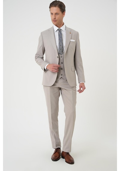 Efor Slim Fit Çift Yırtmaç Keten Karışımlı Yelekli Klasik Taş Takım Elbise Tk 914 Taş