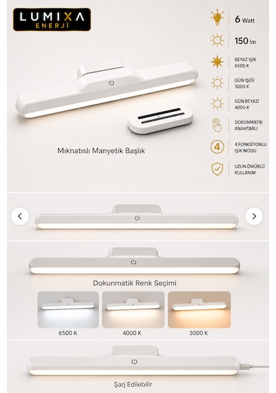 6 Watt Şarjlı Led Işık Usb Şarjlı Kablosuz Mıknatıslı Led Lamba 3 Farklı Işık Çok Renkli-9221