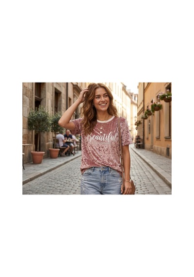 Maşuka Kadife Kumaş Yazlık Kadın T-shirt Tişört Gül Kurusu Gül Kurusu