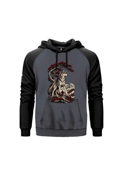 Koruyucu Bozkurt Kırmızı Renk Reglan Kol Sweatshirt Kapşonlu