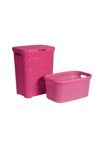 Hasır Desenli Plastik Pembe Çamaşır Sepeti & Pembe Çamaşır Selesi Pembe