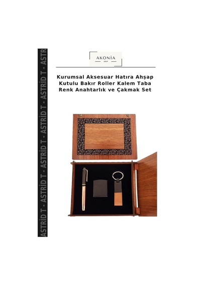Kurumsal Aksesuar Hatıra Ahşap Kutulu Bakır Roller Kalem Taba Renk Anahtarlık Ve Çakmak Set Çok Renkli