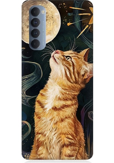 Oppo Reno 4 Pro Uyumlu Aya Bakan Meraklı Kedi Desenli Silikon Kılıf Çok Renkli