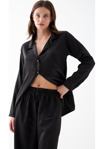 Akbeniz Kadın Siyah Oversize Saten Pijama Takımı