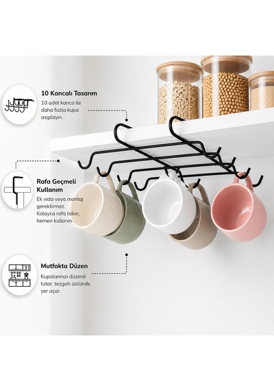 10 Kancalı Siyah Fincanlık, Rafa Geçmeli Kupa Askısı, Dolap Altı Fincan Düzenleyici, Montajsız Metal Mutfak Organizer Beyaz - Çok Renkli