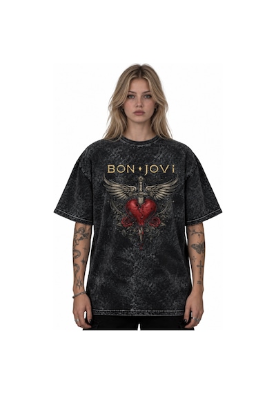 Bon Jovi Rock Metal Şarkıcı Baskılı Unisex Oversize Vintage Yıkam Siyah