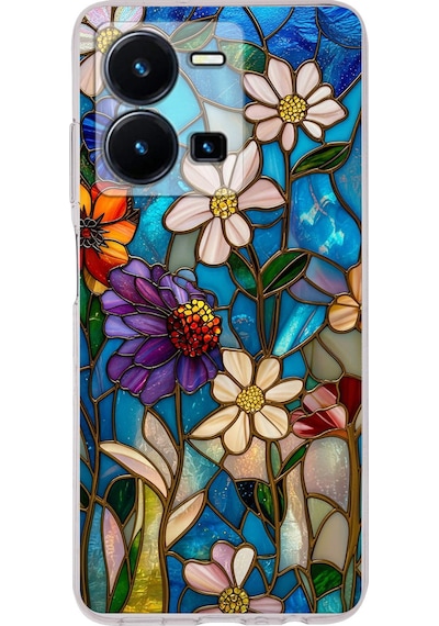 Printify Vivo Y22s İle Uyumlu Vitray Mavi Bahar Tasarımlı Şeffaf Silikon Kılıf Şeffaf
