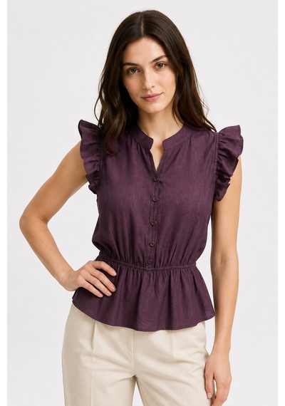 Mixray 4921 Kadın Volanlı Hakim Yaka Jakarlı Peplum Bluz Mürdüm